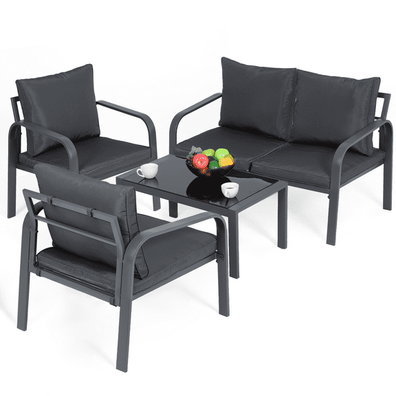 Magshion4 Pieces Patio Chairs Set with Removable Cushion Cover, Steel Furniture Set Outdoor Conversation Set with Tempered Glass Table, Black