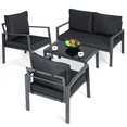 thumbnail image 1 of Magshion4 Pieces Patio Furniture Set, Steel Outdoor Conversation Set with 3 Chairs, 1 Tempered Glass Coffee Table and Cushions, Black, 1 of 9