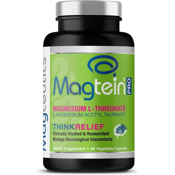 Magceutics MagteinPRO with Magnesium L-Threonate and Magnesium Acetyl Taurinate to Relief PMS and Cramp, Brain Discomforts and Light Sensitives - 90 Vegetable Caps