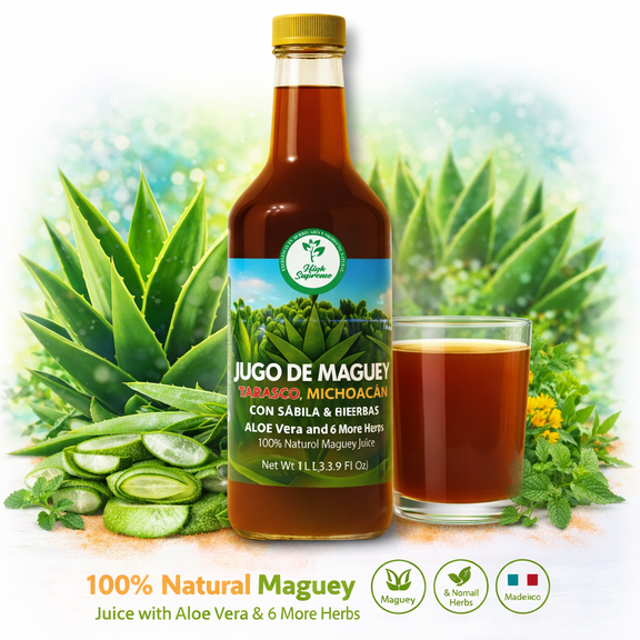 Maguey Jugo(Juice) w/ Aloe Vera & 6 Herbs (Sbila y 6 Hierbas)1000 ml (1 L) Pure Agave Juice  100% Artisanal, Vegan, Non-GMONatural Digestive Support