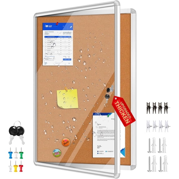 Magula 36"x24" Enclosed Bulletin Board Tamper-Proof Dispaly Case, Aluminium Frame, Shatter Resistant Lockable Board, Cork for School, Office, Commercial, Hospital etc