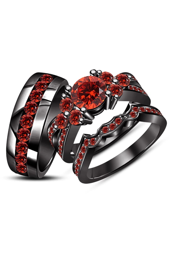 14K Black Gold Finish Silver Round Cut Lab Created Garnet Engagement Trio Ring Set For Couple