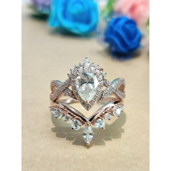 Mahablijewels 3Ct Pear Cut CZ 14K Rose Gold Finish Silver Bridal Wedding Set Ring