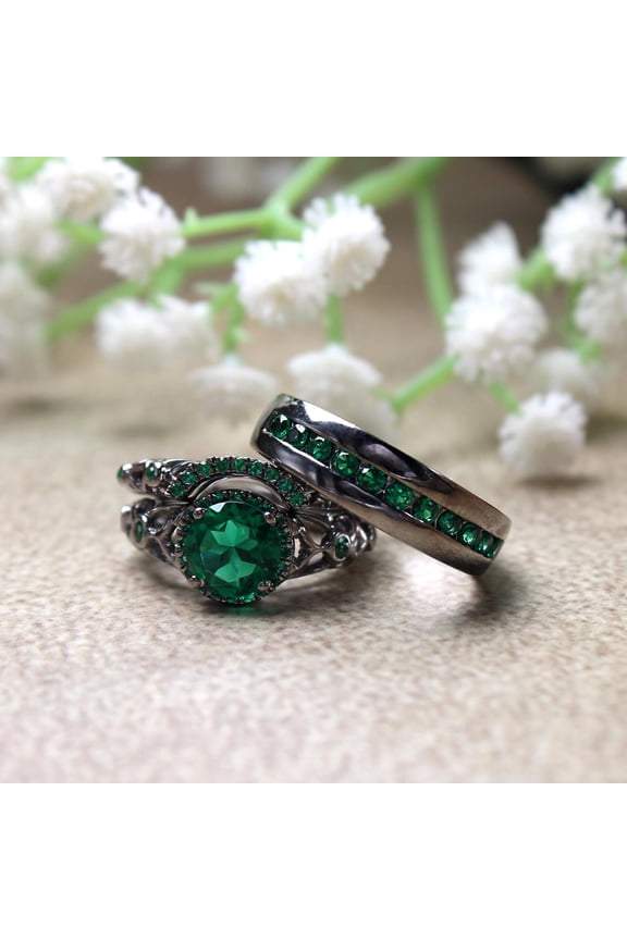 Black Gold Plated Round Green Emerald CZ Women's & Men's Ring, Antique Sterling Silver Wedding Engagement Trio Ring Set, Women Men Tro Ring Set