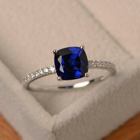Mahablijewels Cushion Cut Blue Cubic Zirconia 14K White Gold Finish For Womens Wedding Band Ring