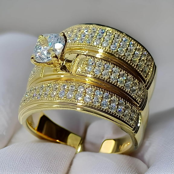 Mahablijewels Diamond Engagement Ring Trio Set, 14K Yellow Gold Plated Diamond Bridal Ring set, Diamond Wedding Band, Anniversary Gift for Her