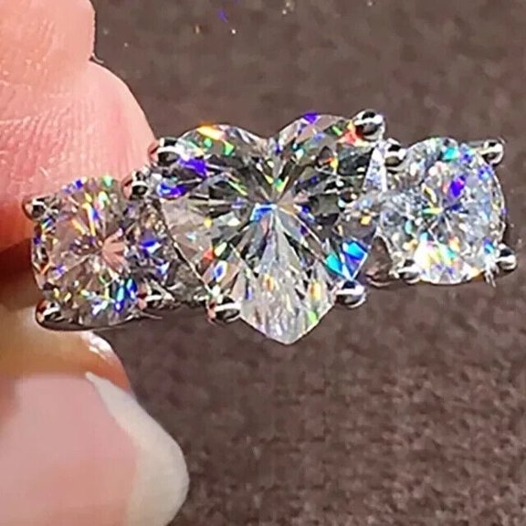 Mahablijewels Heart Cut Cubic Zirconia 3-Stone Womens Engagement 925 Sterling Silver Ring