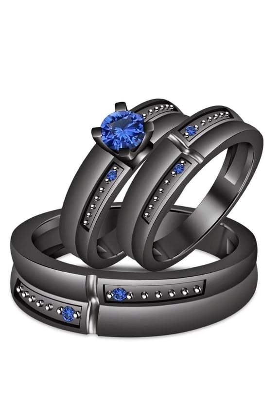 His & Her Lab Created Blue Sapphire 14K Black Gold Finish Silver 3 Piece Trio Ring Set