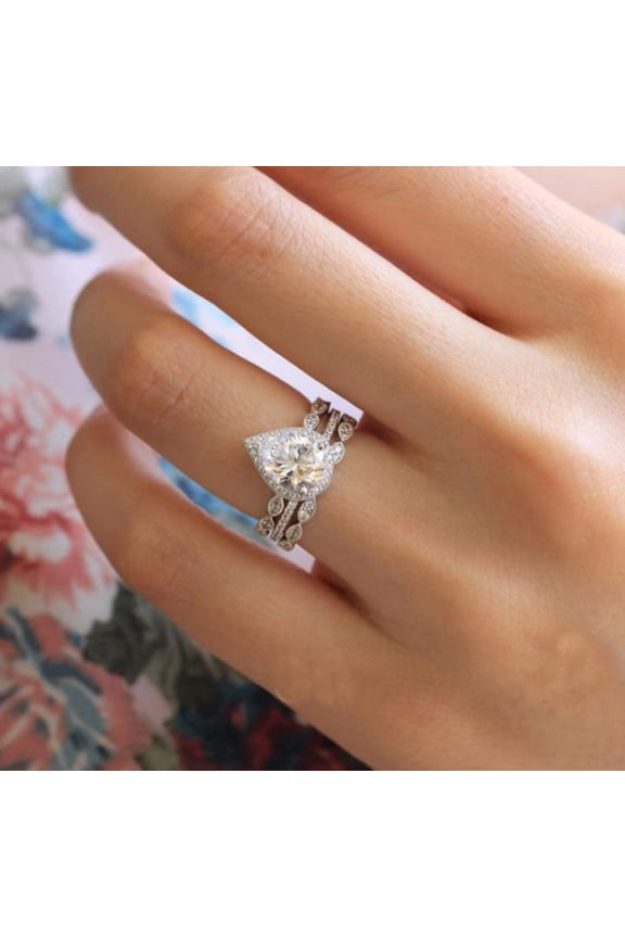 Pear Cut Diamond Wedding Engagement Ring Set, Stackable Ring Set, Birthday Gift Ring, 14K White Gold Plated Ring Set