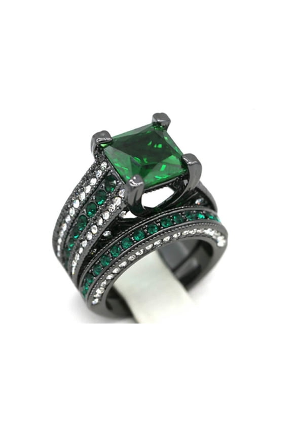 Princess cut green emerald engagement ring set , Wedding Ring 925 Sterling Silver 14k Black gold Plated diamond bridal ring set women gift