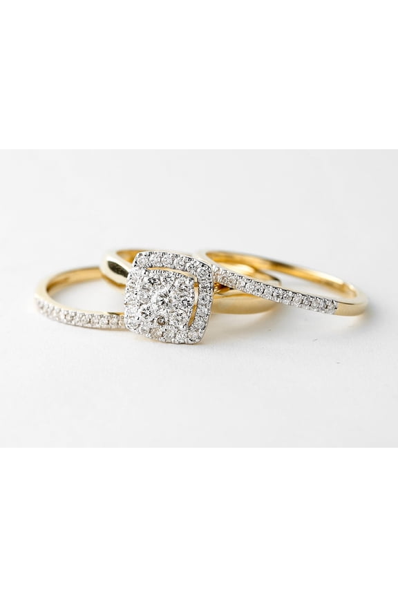 Trio Diamond Engagement Ring Set 14K Yellow Gold Plated, Stacker Set, Square Solitaire, Diamond Wedding Band, Half Eternity