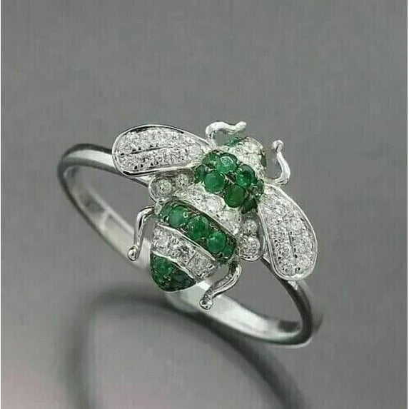 Mahablijewels Women's Wedding Honey Bee Shape Ring 925 Sterling Silver Green Cubic Zirconia