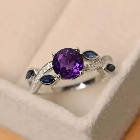 Mahablijewels Women's Wedding Round Cut Ring 925 Sterling Silver Purple Cubic Zirconia