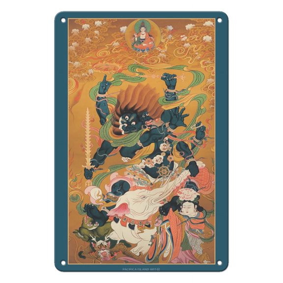 Mahakala Shadbhuja - Dharmapala Protector Deity - Vintage Tibetan Thangka Buddhist Painting - 8 x 12 inch Vintage Metal Tin Sign