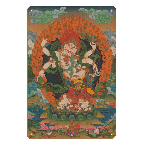 Mahakala Shadbhuja Sita (White Lord with Six Hands) - Tantric Wealth Deity - Vintage Tibetan Thangka Buddhist Painting - 8 x 12 inch Vintage Wood Art Sign