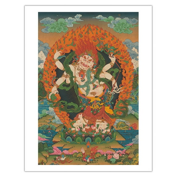 Mahakala Shadbhuja Sita (White Lord with Six Hands) - Tantric Wealth Deity - Vintage Tibetan Thangka Buddhist Painting - Fine Art Matte Paper Print (Unframed) 20x26in