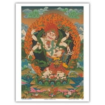 Mahakala Shadbhuja Sita (White Lord with Six Hands) - Tantric Wealth Deity - Vintage Tibetan Thangka Buddhist Painting - Master Art Print (Unframed) 9in x 12in