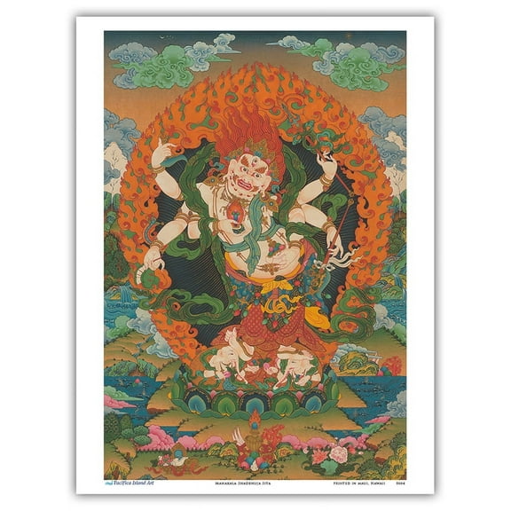 Mahakala Shadbhuja Sita (White Lord with Six Hands) - Tantric Wealth Deity - Vintage Tibetan Thangka Buddhist Painting - Master Art Print (Unframed) 9in x 12in