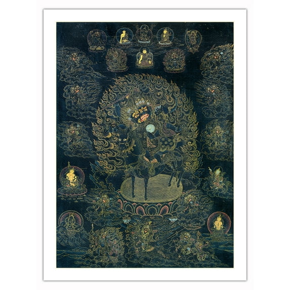 Mahakali and Mahakala (Great Black One) - Buddhist Tantric Deities - Vintage Tibetan Thangka Buddhist Painting - Tibet, 17th Century - Fine Art Matte Paper Print (Unframed) 24x32in