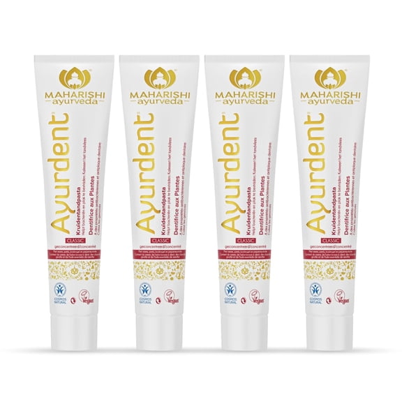Maharishi Ayurveda Ayurdent Classic Toothpaste | Unique Saliva Balancing Formula | For Toothache, Bleeding Gums, Sensitivity, Cavities | Non Foaming, SLS & Fluoride Free Pack of 4