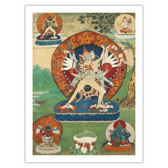 Mahasamvara Kalachakra with Consort Vishvamati - Buddhist Deity - Vintage Tibetan Thangka Buddhist Painting - Tibet, 13th Century - Fine Art Matte Paper Print (Unframed) 24x32in