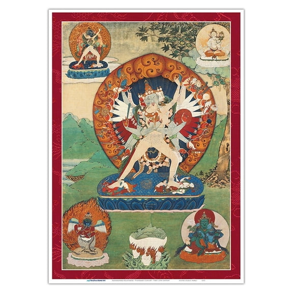 Mahasamvara Kalachakra with Consort Vishvamati - Buddhist Deity - Vintage Tibetan Thangka Buddhist Painting - Tibet, 13th Century - Master Art Print 10in x 14in