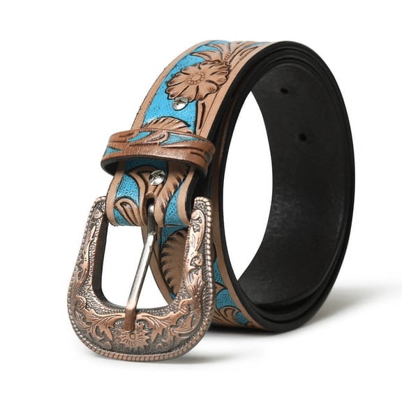 MaheTri Leather Belt for Men Vintage Genuine Leather Belts, Western Cowboy Style Blue-Brown fit for waist 30"