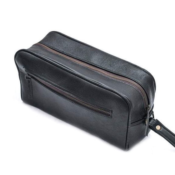 MaheTri Leather Toiletry Bag for Unisex, Shaving Dopp Kit Travel Single Section Case Cosmetic Bag - Black