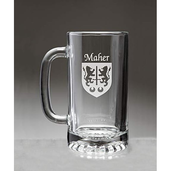 Maher Irish Coat of Arms Glass Beer Mug (Sand Etched)