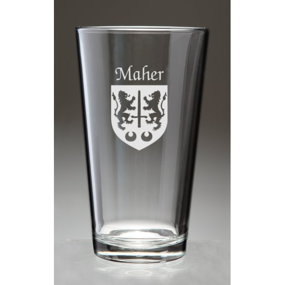 Maher Irish Coat of Arms Pint Glasses - Set of 4 (Sand Etched)