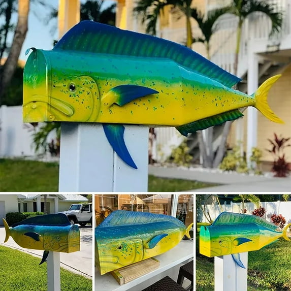 Mahi Mahi Dolphin Fish Metal Mailbox, Handcrafted Garden Decoration, Weather-Resistant, Unique Fishing Lover Yard Decor