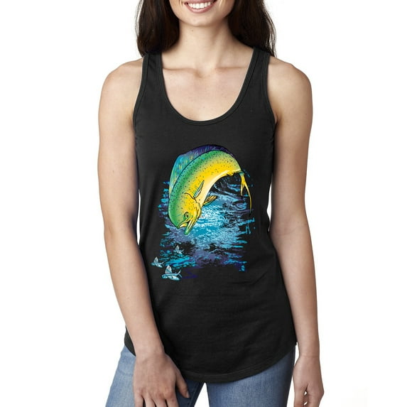 Mahi-Mahi Fish Catching Small Fish Animal Lover Ladies Racerback Tank Top, Black, Small