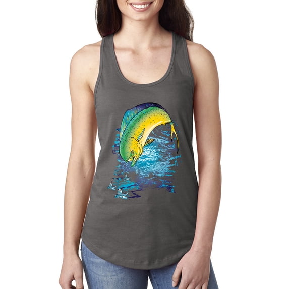Mahi-Mahi Fish Catching Small Fish Animal Lover Ladies Racerback Tank Top, Dark Grey, Large