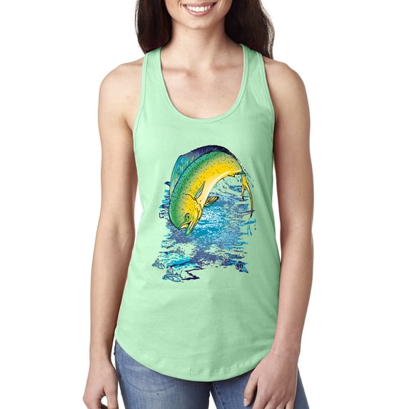 Mahi-Mahi Fish Catching Small Fish Animal Lover Ladies Racerback Tank Top, Mint, Large