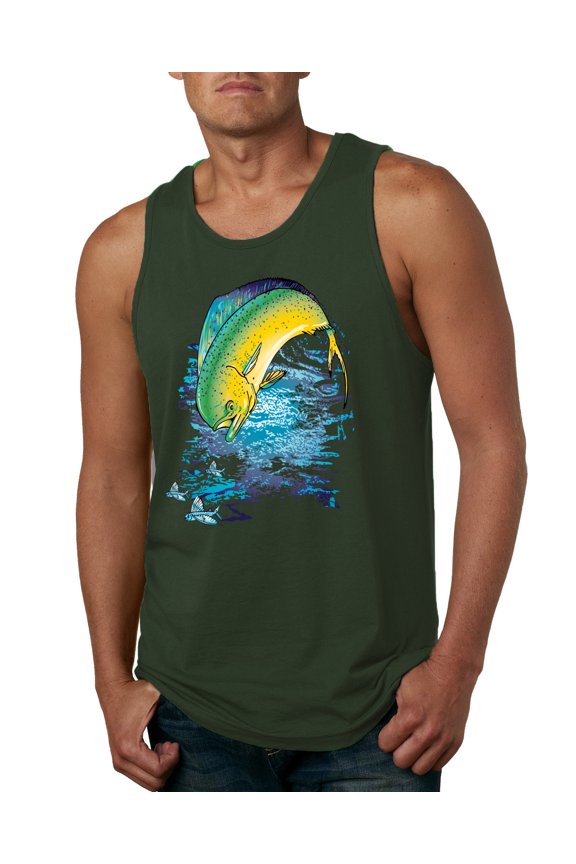 Mahi-Mahi Fish Catching Small Fish Animal Lover Mens Graphic Tank Top, Forest Green, Large