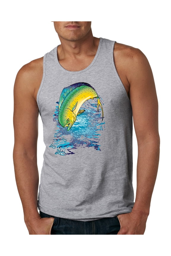 Mahi-Mahi Fish Catching Small Fish Animal Lover Mens Graphic Tank Top, Heather Grey, Medium
