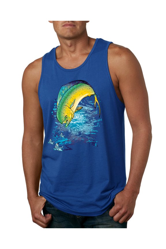 Mahi-Mahi Fish Catching Small Fish Animal Lover Mens Graphic Tank Top, Royal, Large