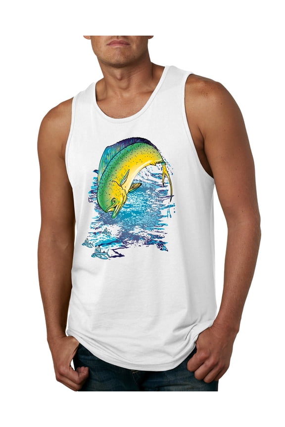 Mahi-Mahi Fish Catching Small Fish Animal Lover Mens Graphic Tank Top, White, Small