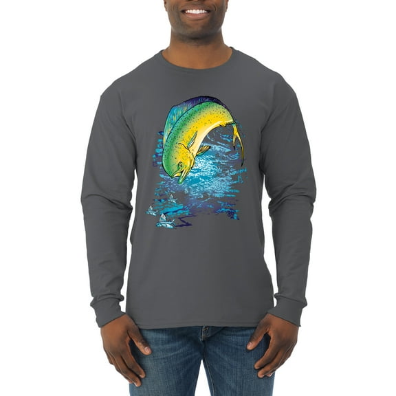 Mahi-Mahi Fish Catching Small Fish Animal Lover Mens Long Sleeve Shirt, Charcoal, Large