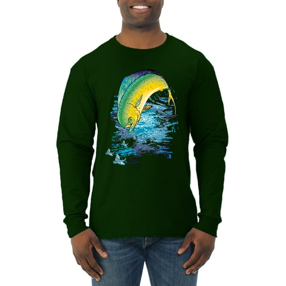 Mahi-Mahi Fish Catching Small Fish Animal Lover Mens Long Sleeve Shirt, Forest Green, Small