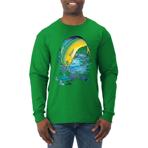 Mahi-Mahi Fish Catching Small Fish Animal Lover Mens Long Sleeve Shirt, Kelly, X-Large