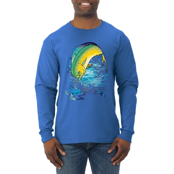 Mahi-Mahi Fish Catching Small Fish Animal Lover Mens Long Sleeve Shirt, Royal, 3XL