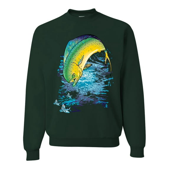 Mahi-Mahi Fish Catching Small Fish Animal Lover Unisex Crewneck Graphic Sweatshirt, Forest Green, Large
