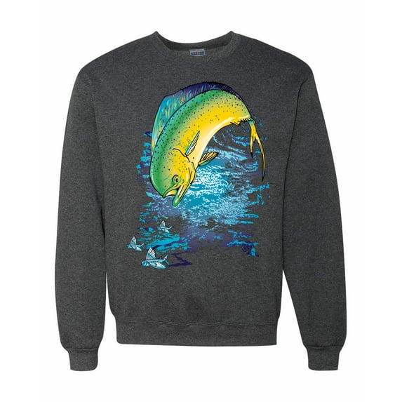Mahi-Mahi Fish Catching Small Fish Animal Lover Unisex Crewneck Graphic Sweatshirt, Heather Black, Medium
