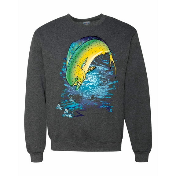 Mahi-Mahi Fish Catching Small Fish Animal Lover Unisex Crewneck Graphic Sweatshirt, Heather Black, X-Large