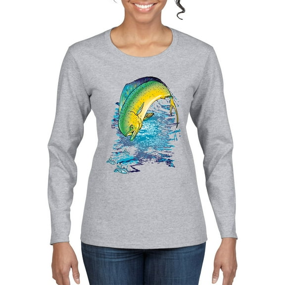 Mahi-Mahi Fish Catching Small Fish Animal Lover Womens Graphic Long Sleeve T-Shirt, Heather Grey, Medium