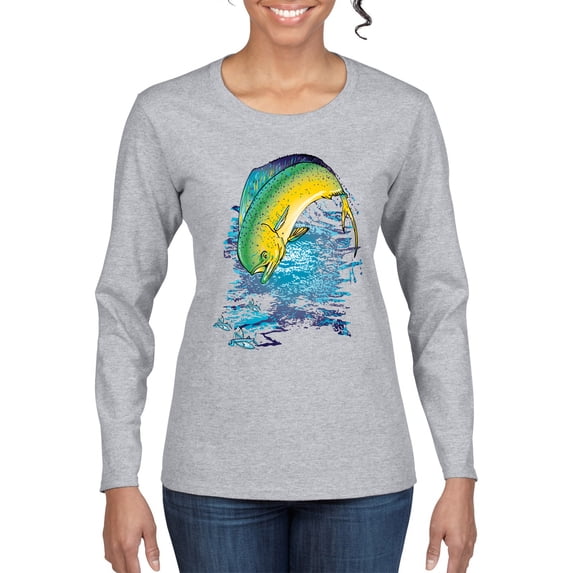 Mahi-Mahi Fish Catching Small Fish Animal Lover Womens Graphic Long Sleeve T-Shirt, Heather Grey, Small