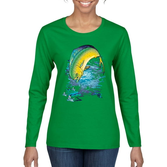 Mahi-Mahi Fish Catching Small Fish Animal Lover Womens Graphic Long Sleeve T-Shirt, Kelly, Small