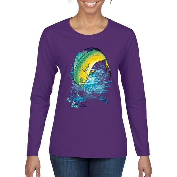 Mahi-Mahi Fish Catching Small Fish Animal Lover Womens Graphic Long Sleeve T-Shirt, Purple, Large