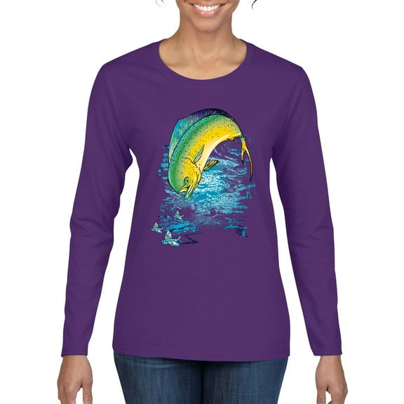 Mahi-Mahi Fish Catching Small Fish Animal Lover Womens Graphic Long Sleeve T-Shirt, Purple, Small